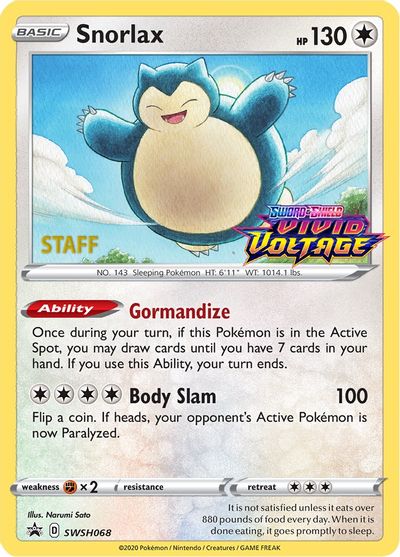 Snorlax (SWSH068) (Staff Prerelease Promo) [Sword & Shield: Black Star Promos] | Local Legends