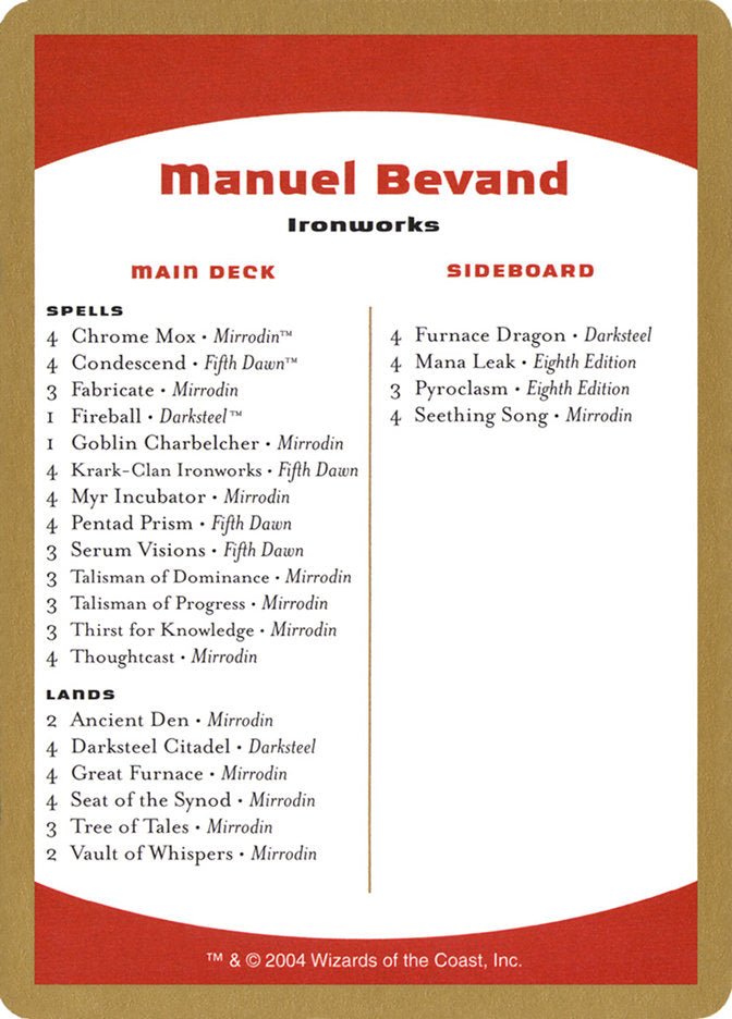 Manuel Bevand Decklist [World Championship Decks 2004] | Local Legends