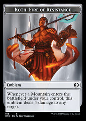 Phyrexian Mite (011) // Koth, Fire of Resistance Emblem Double-Sided Token [Phyrexia: All Will Be One Tokens] | Local Legends