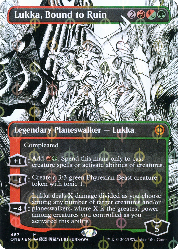 Lukka, Bound to Ruin (Borderless Manga Step-and-Compleat Foil) [Phyrexia: All Will Be One] | Golgari Games