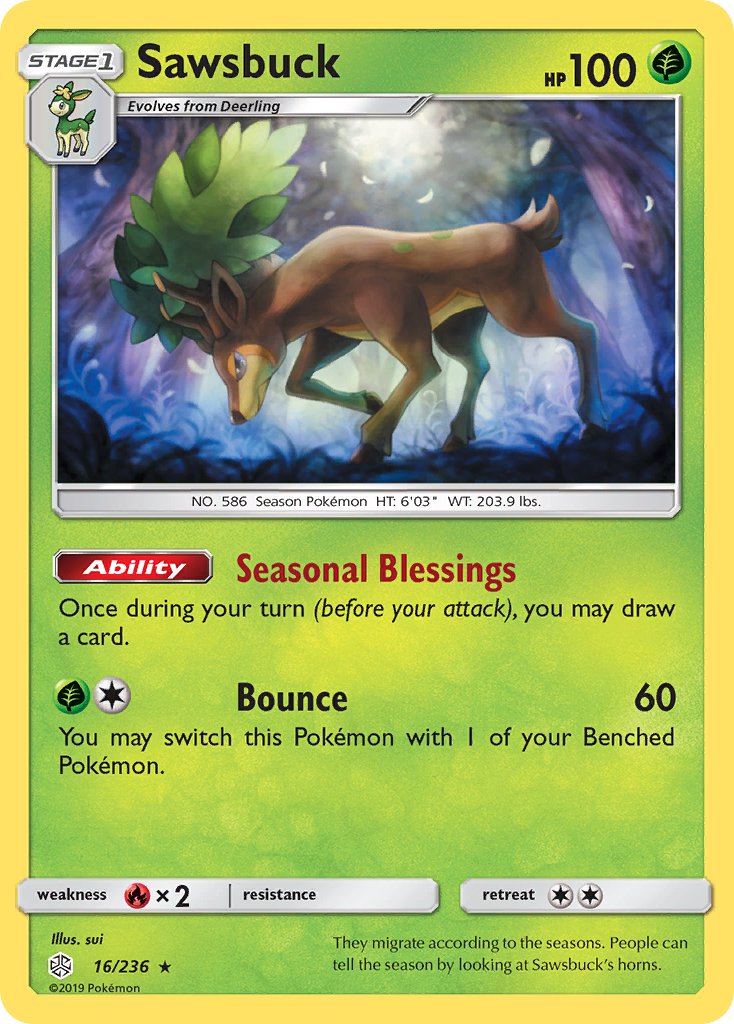 Sawsbuck (16/236) (Prerelease Kit Exclusive) (Theme Deck Exclusive) [Sun & Moon: Cosmic Eclipse] | Golgari Games