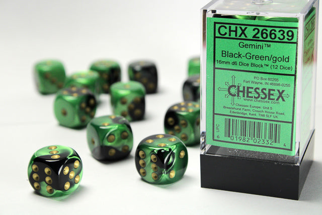 Chessex 16mm D6 Dice Block - 12 Dice Set -Gemini | Golgari Games