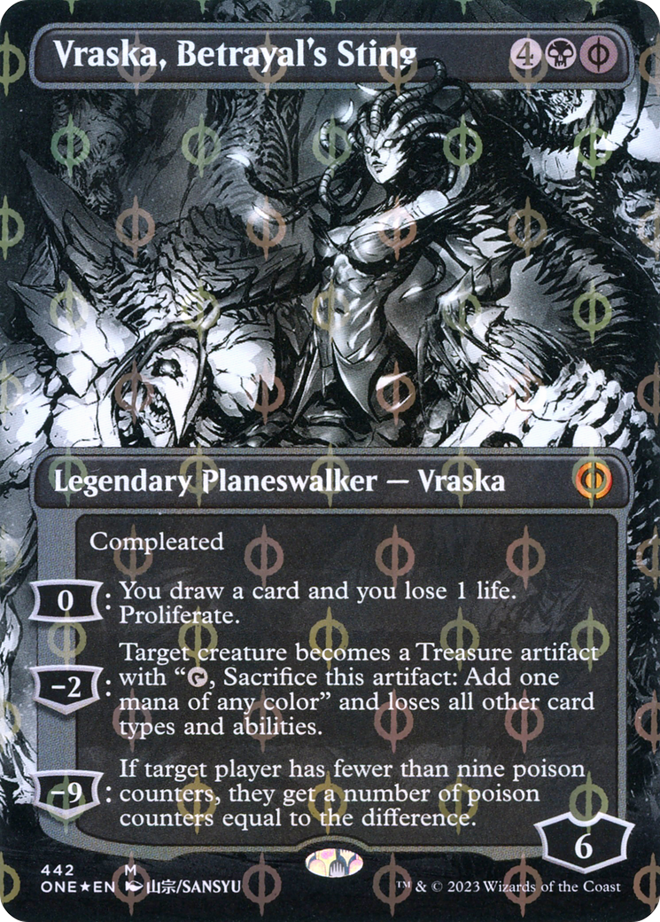 Vraska, Betrayal's Sting (Borderless Manga Step-and-Compleat Foil) [Phyrexia: All Will Be One] | Golgari Games