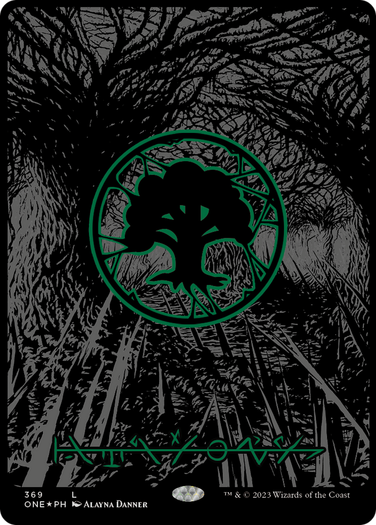 Forest (369) (Oil Slick Raised Foil) [Phyrexia: All Will Be One] | Local Legends