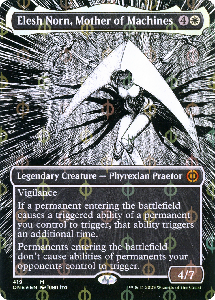 Elesh Norn, Mother of Machines (Borderless Manga Step-and-Compleat Foil) [Phyrexia: All Will Be One] | Golgari Games