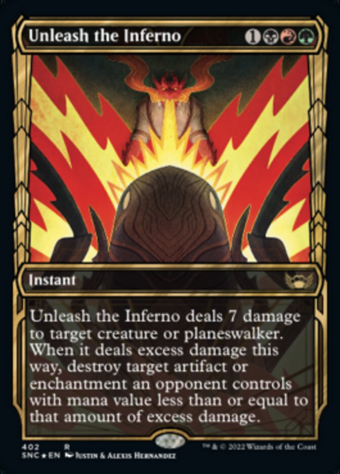 Unleash the Inferno (Showcase Golden Age Gilded Foil) [Streets of New Capenna] | Golgari Games