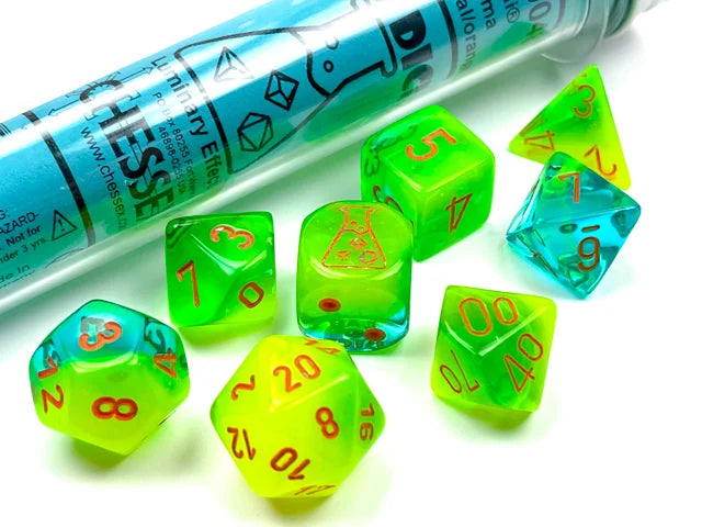 Chessex 7 Set Dice Tube Gemini Plasma Green-Teal/Orange | Golgari Games